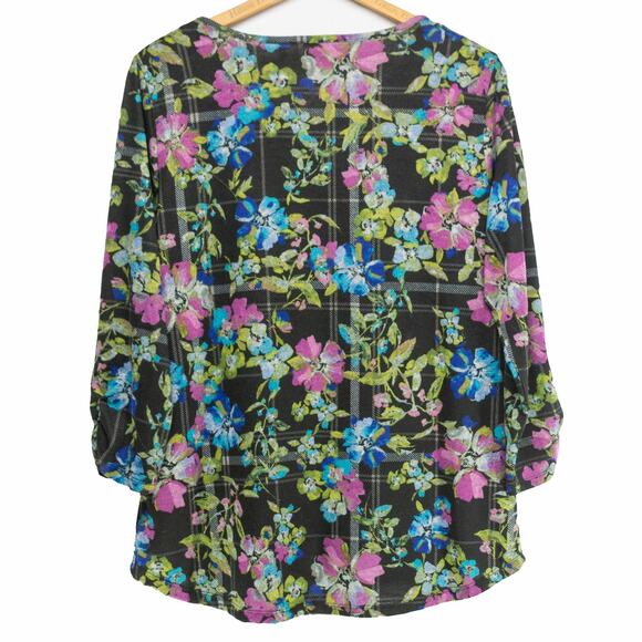 CARIBBEAN JOE XL Black Floral Top 3/4 Length Sleeve Polyester Blend Sweater NWT - Picture 2 of 6